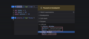 Дебаггер Firefox, выполнение только началось, а переменные уже объявлены, хотя код ещё не дошёл до выполнения нужных строк.